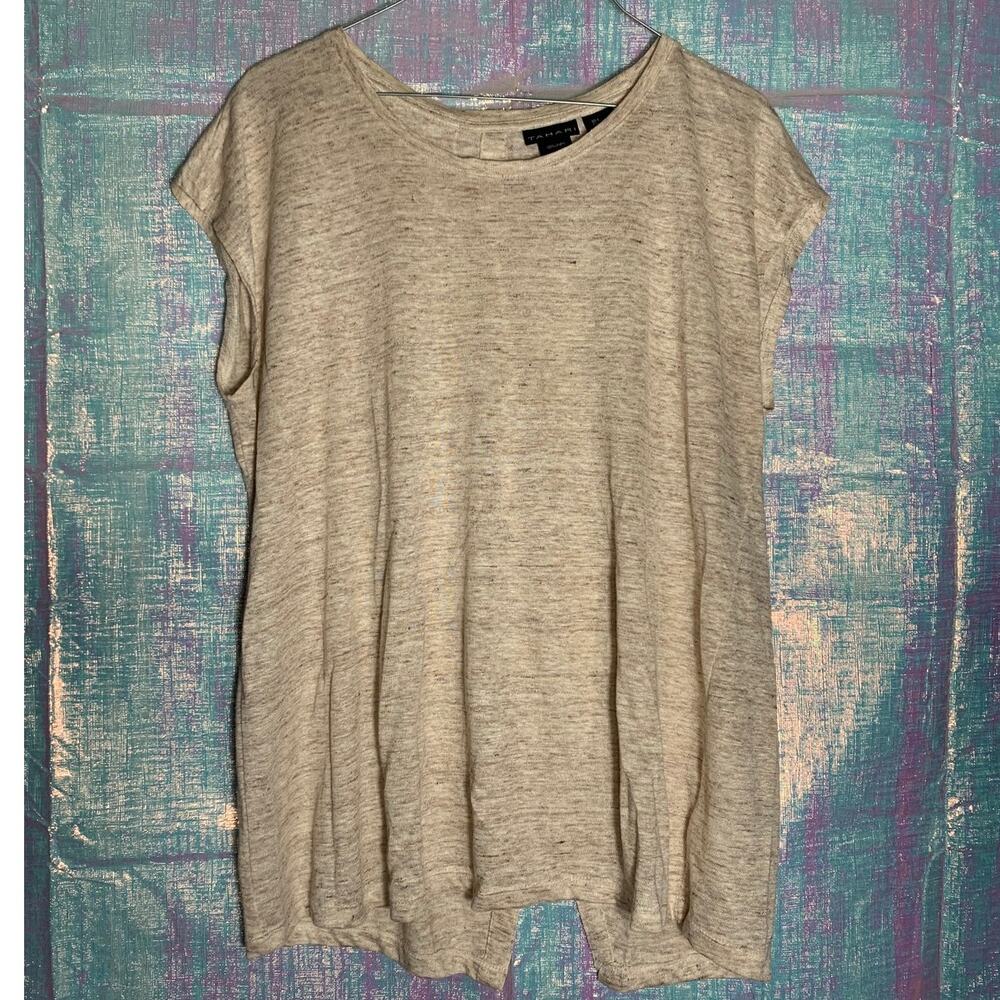 Tahari Top Womens Large Tan 100% Linen Button Back Detail Design Flowy Minimal